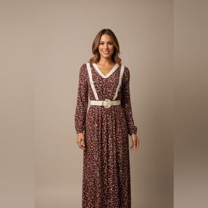 Long-Sleeve Burgundy Floral Maxi Dress with Cream Trim